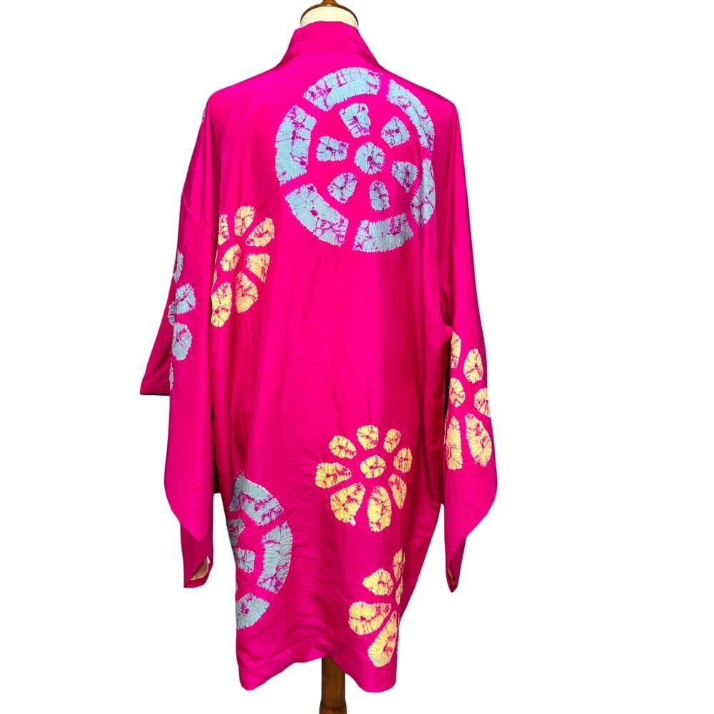 VTG Japanese Magenta Pink Silk Haori Kimono Jacket Shibori Floral, One Size - Picture 2 of 9